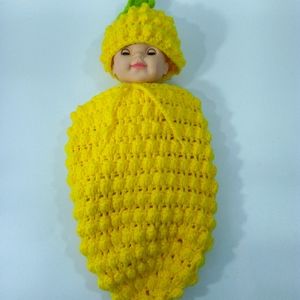 Crochet Pineapple Cocoon Wrap For Baby Photography Prop Yellow With Green On Top